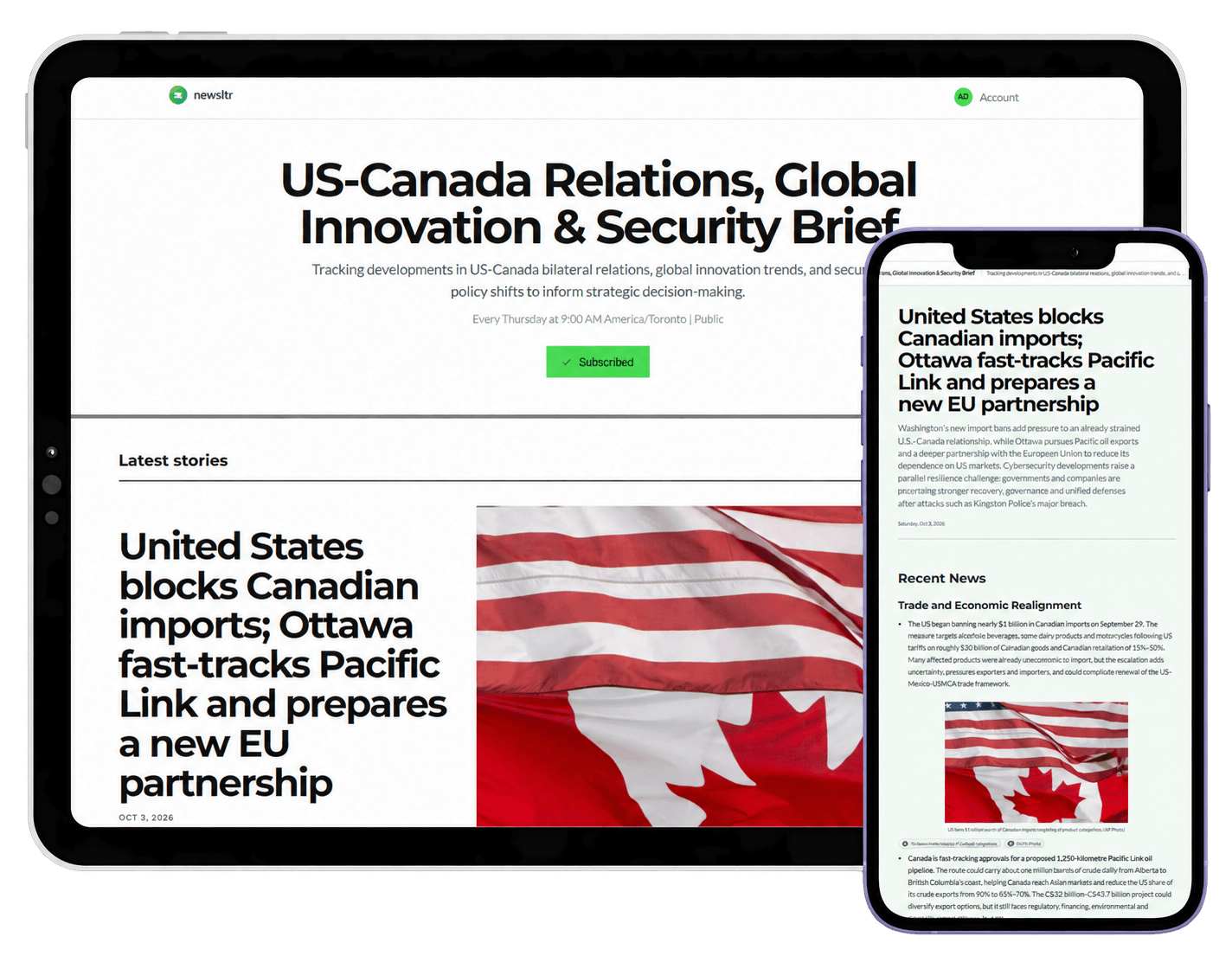 Newsltr publication on an iPad and its newsletter edition on an iPhone
